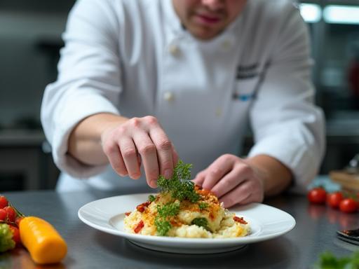 Lo chef mentre finalizza la preparazione di un piatto con estrema cura e dedizione in cucina.
