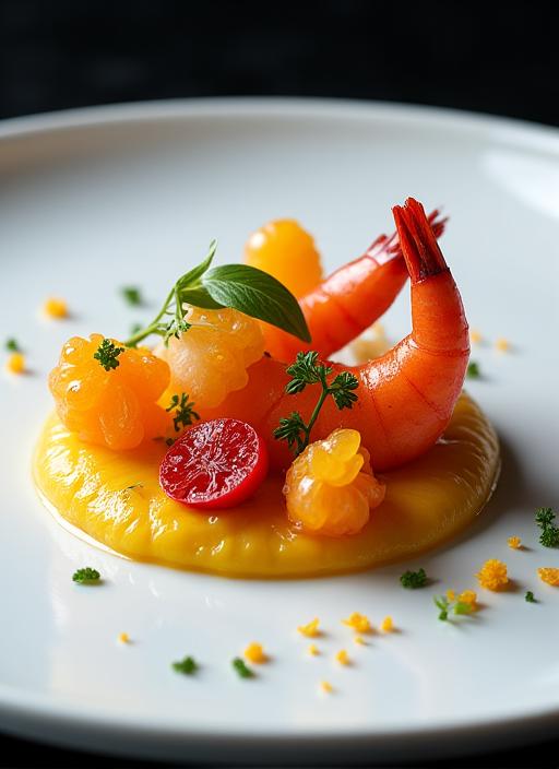Piatto gourmet finemente decorato dallo chef con gamberi rossi e agrumi.