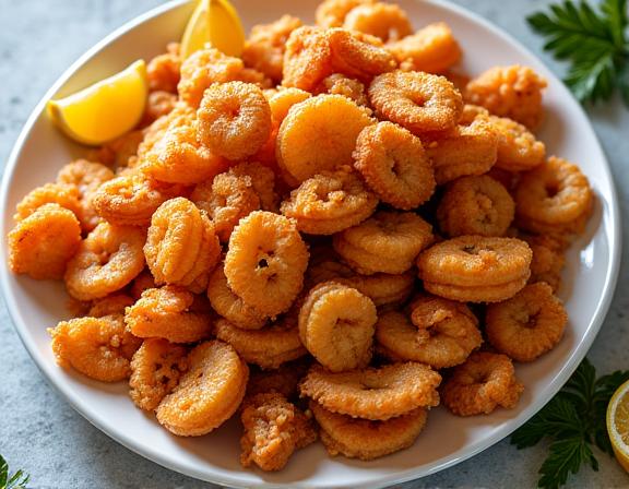 Piatto abbondante di frittura di paranza con spicchi di limone.