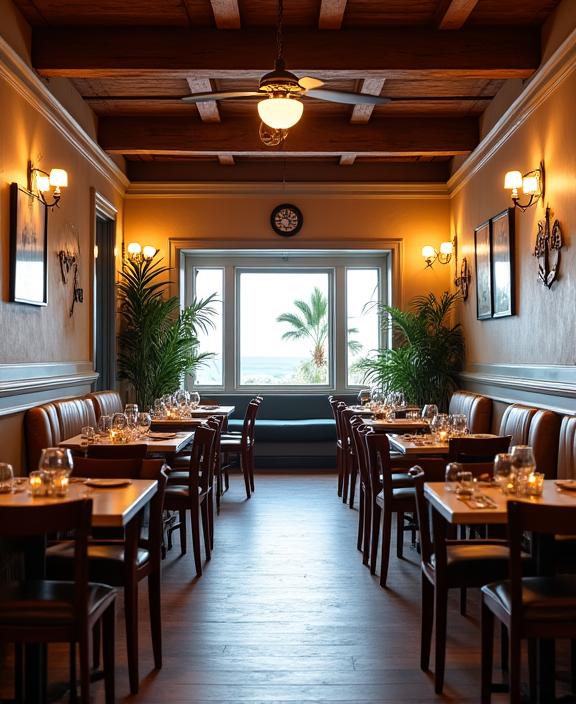 Interno accogliente del ristorante Vento & Vino con dettagli in legno e decorazioni nautiche.